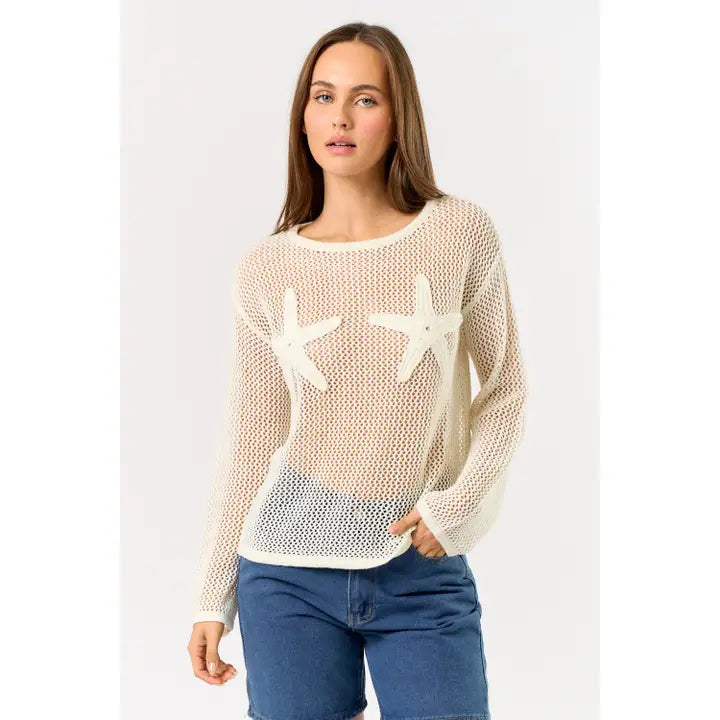 Starfish Crochet Long Sleeve Sheer Top