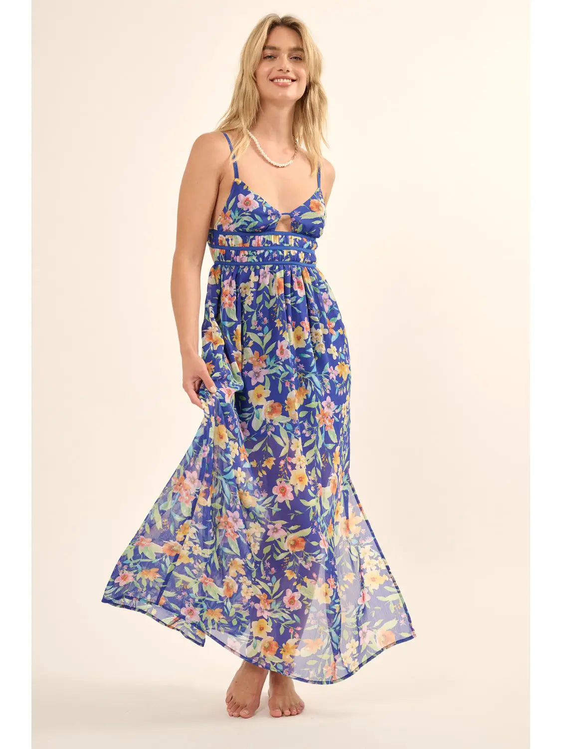 Floral Sweetheart Neck Gather Bodice Maxi Dress