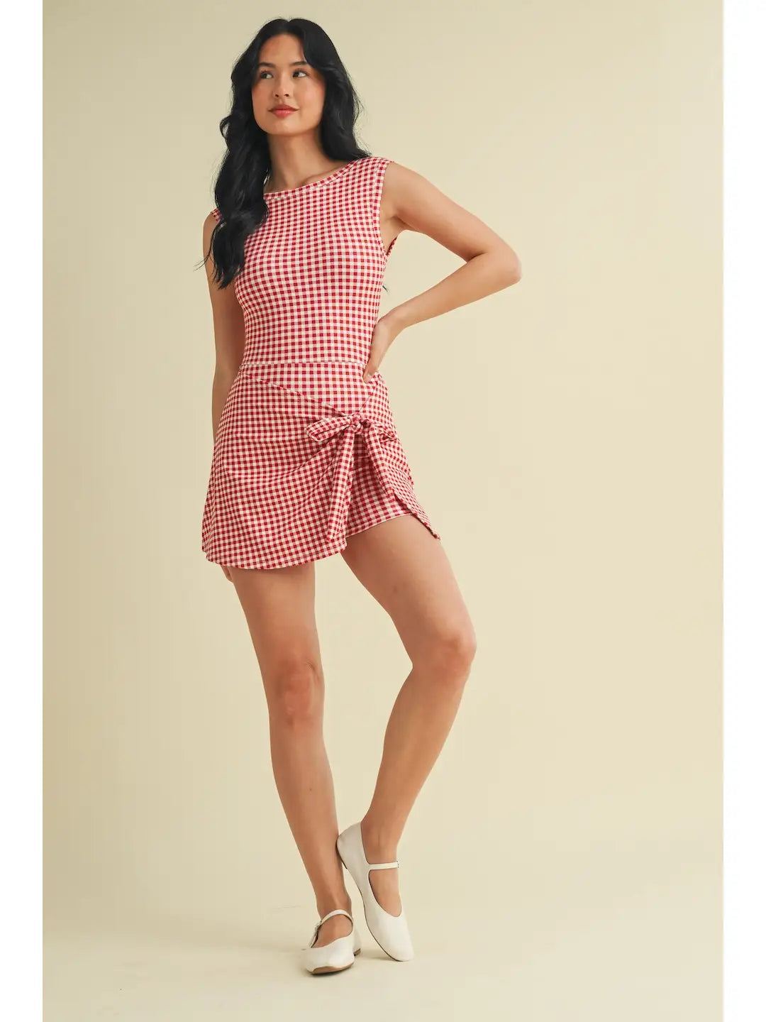 Gingham Print Sleeveless Wrap Tie Front Dress