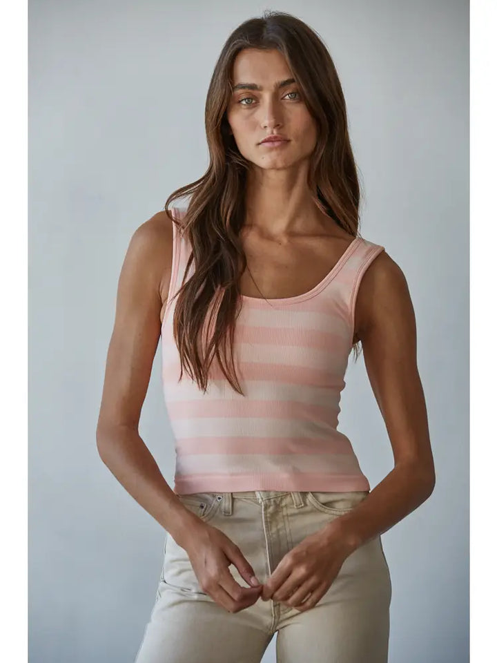 Light Pink Knit Striped Seamless Padded Tank Top