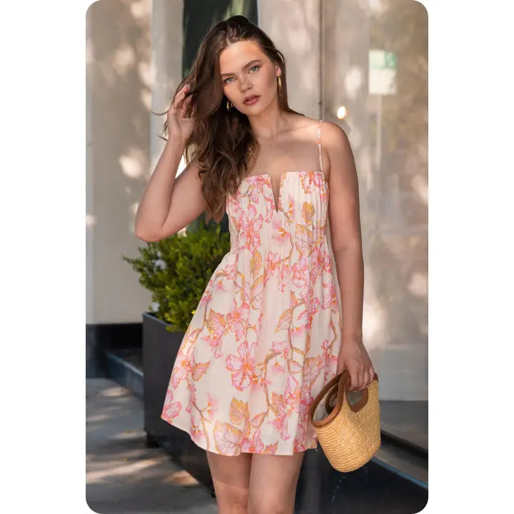 Tropical Sunset Pintuck Detail Floral Mini Dress