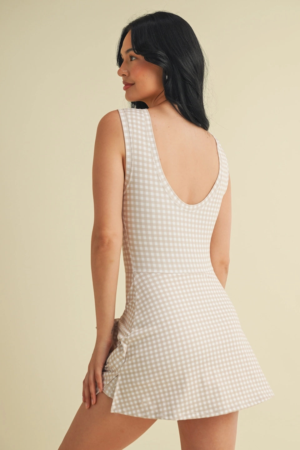 Beige Gingham Print Sleeveless Wrap Tie Front Dress