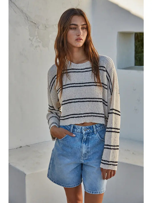 Knit Polyester Double Striped Long Sleeve Top