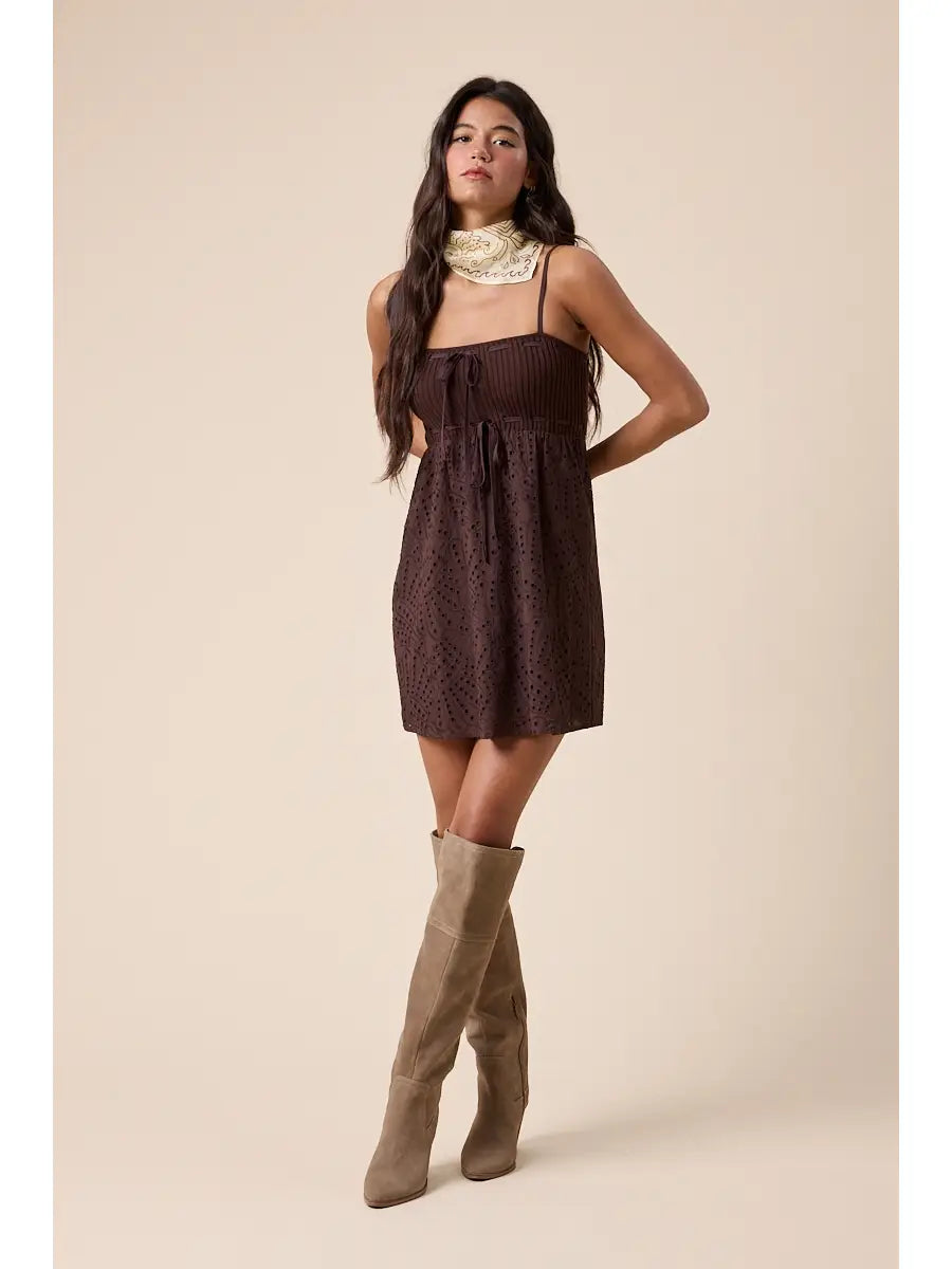 Knit Bust Eyelet Print Front Tie Swing Mini Dress