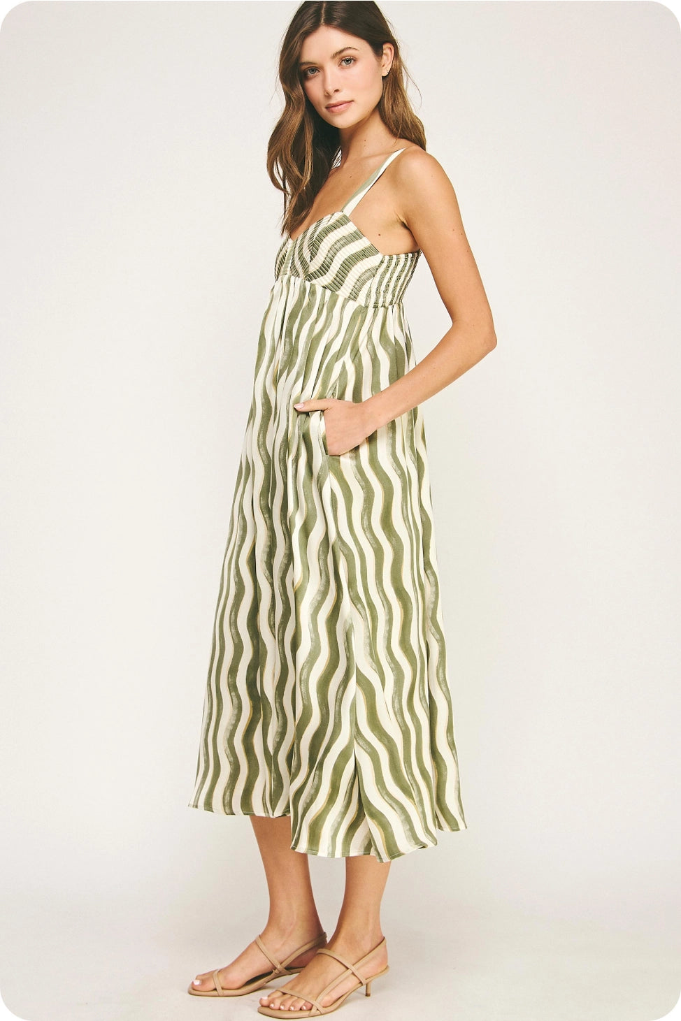 Wavy Striped Satin Midi Dress