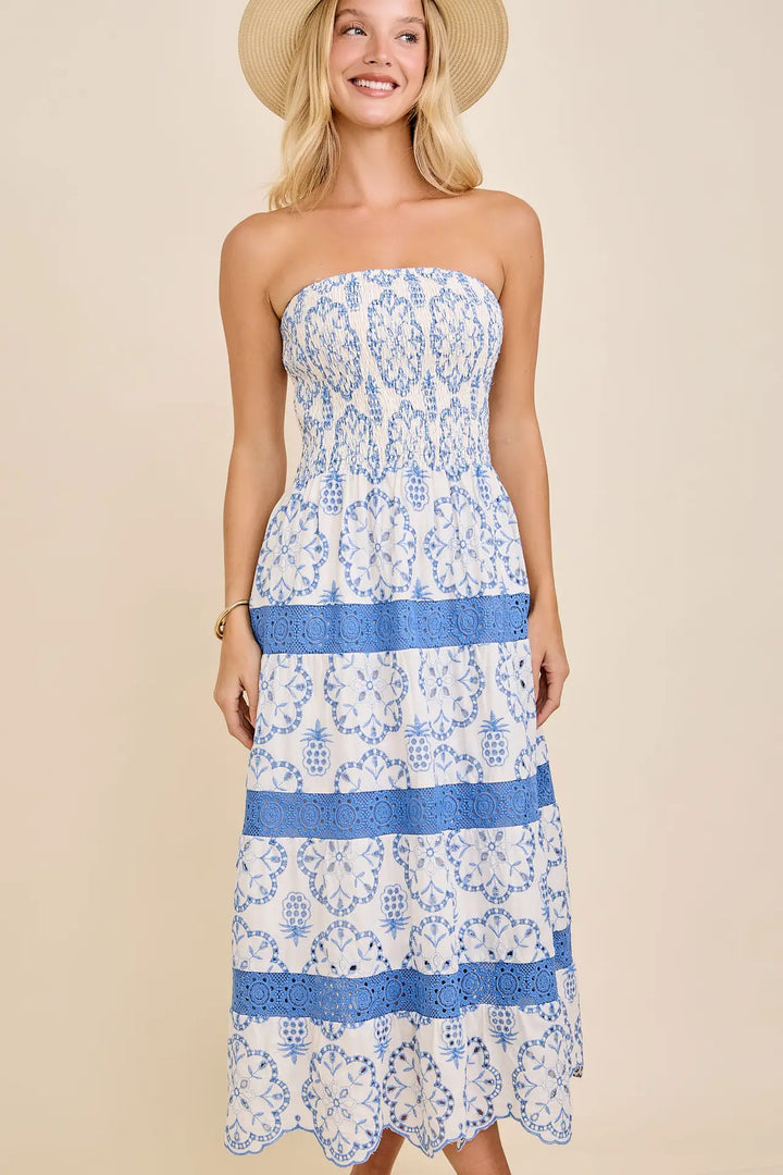 Smocked Strapless Embroidered Tiered Midi Dress