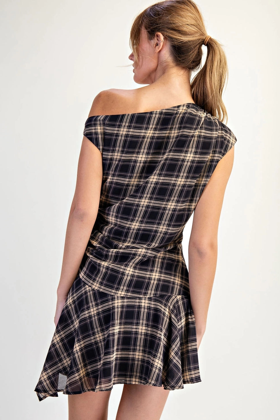 Plaid One Shoulder Ruffled Woven Dress