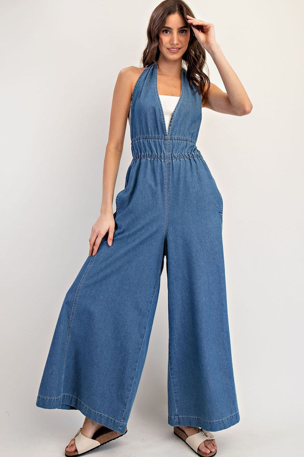 Denim Sleeveless Halter Jumpsuit
