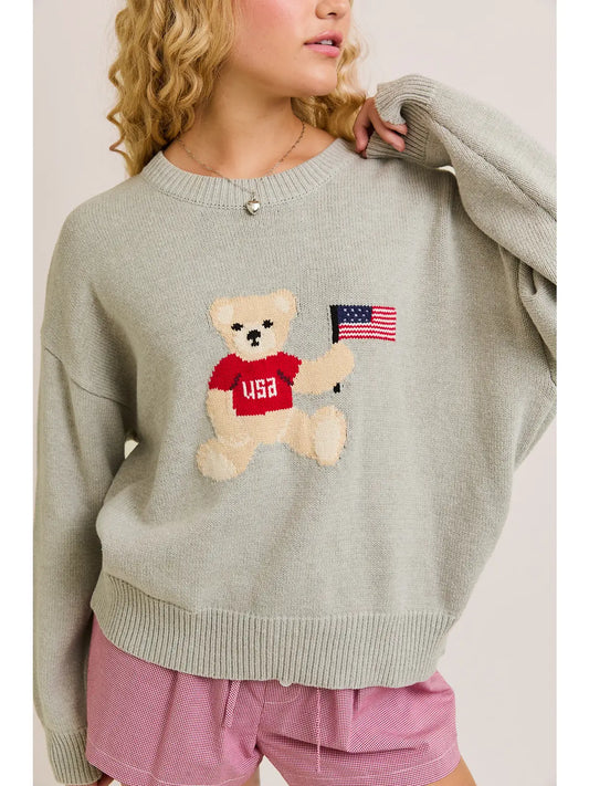 "Teddy Bear with USA Flag" Graphic Crew Neck Sweater