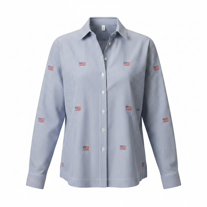 Stripe Flag Embroidered Oversized Button Down Shirt