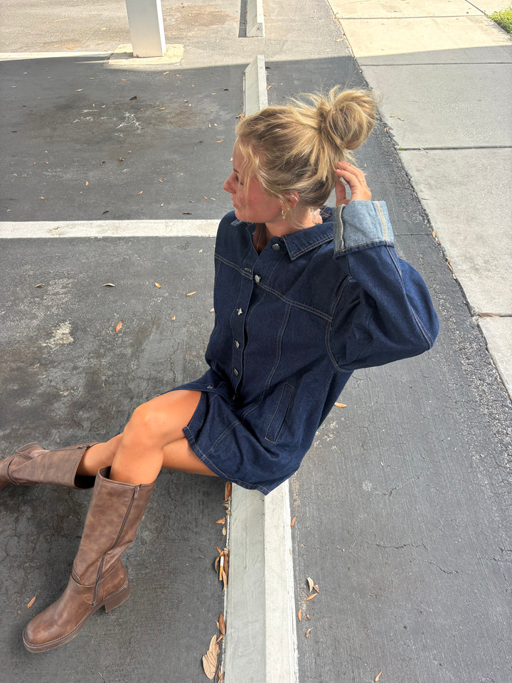 Wide Cuffed Sleeve Button Down Denim Dress