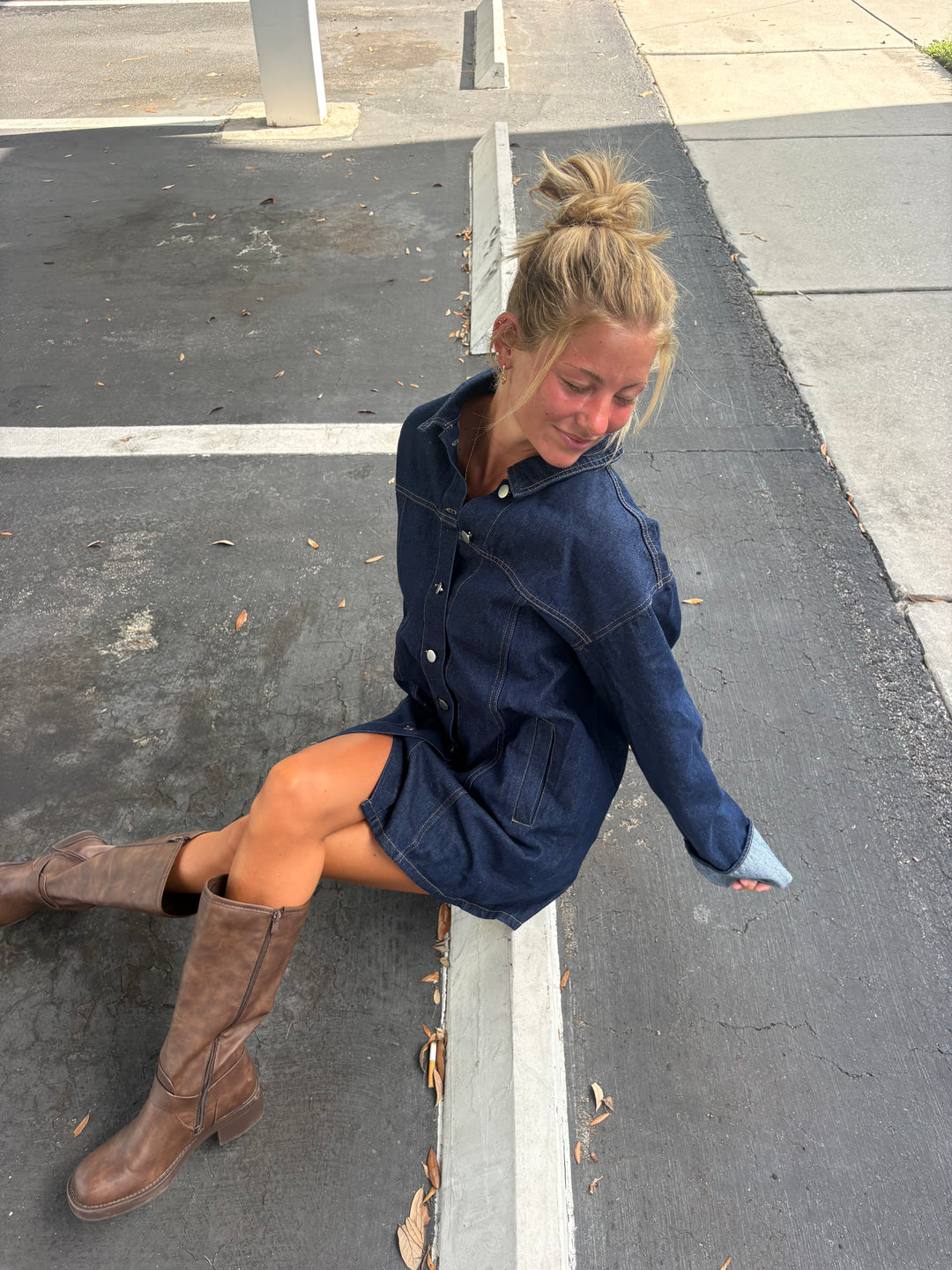 Wide Cuffed Sleeve Button Down Denim Dress