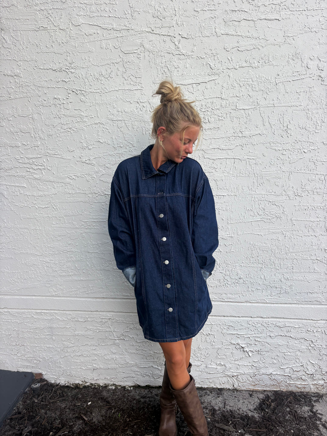 Wide Cuffed Sleeve Button Down Denim Dress