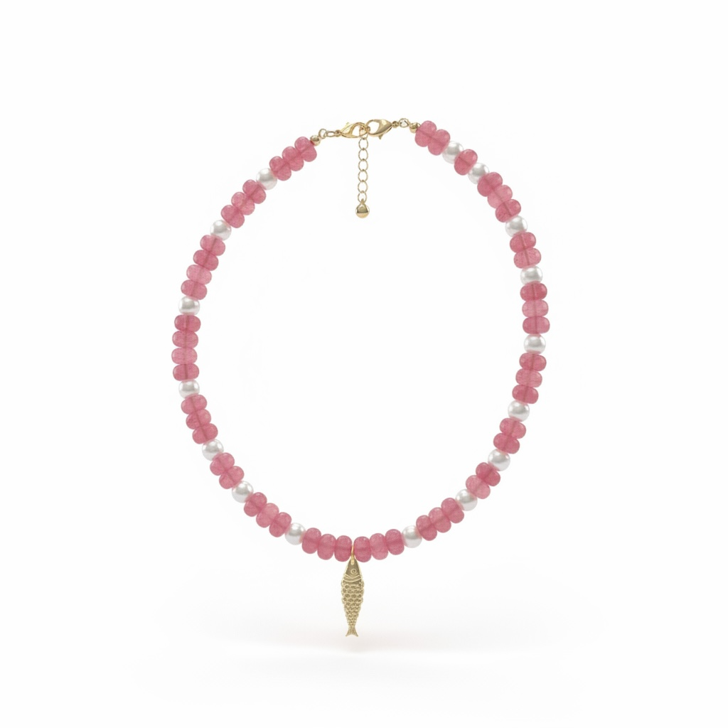 Pink & Pearl Beaded Fish Necklace