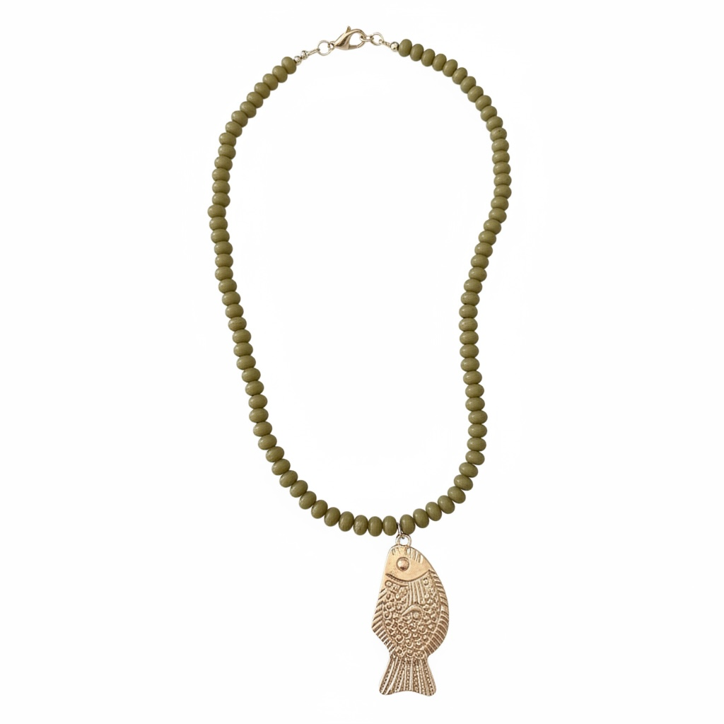 Long Olive Beaded Fish Necklace