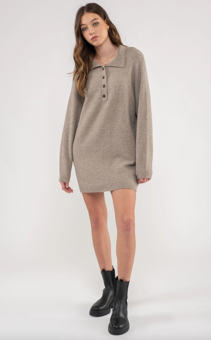 Collared Drop Shoulder Mini Sweater Dress
