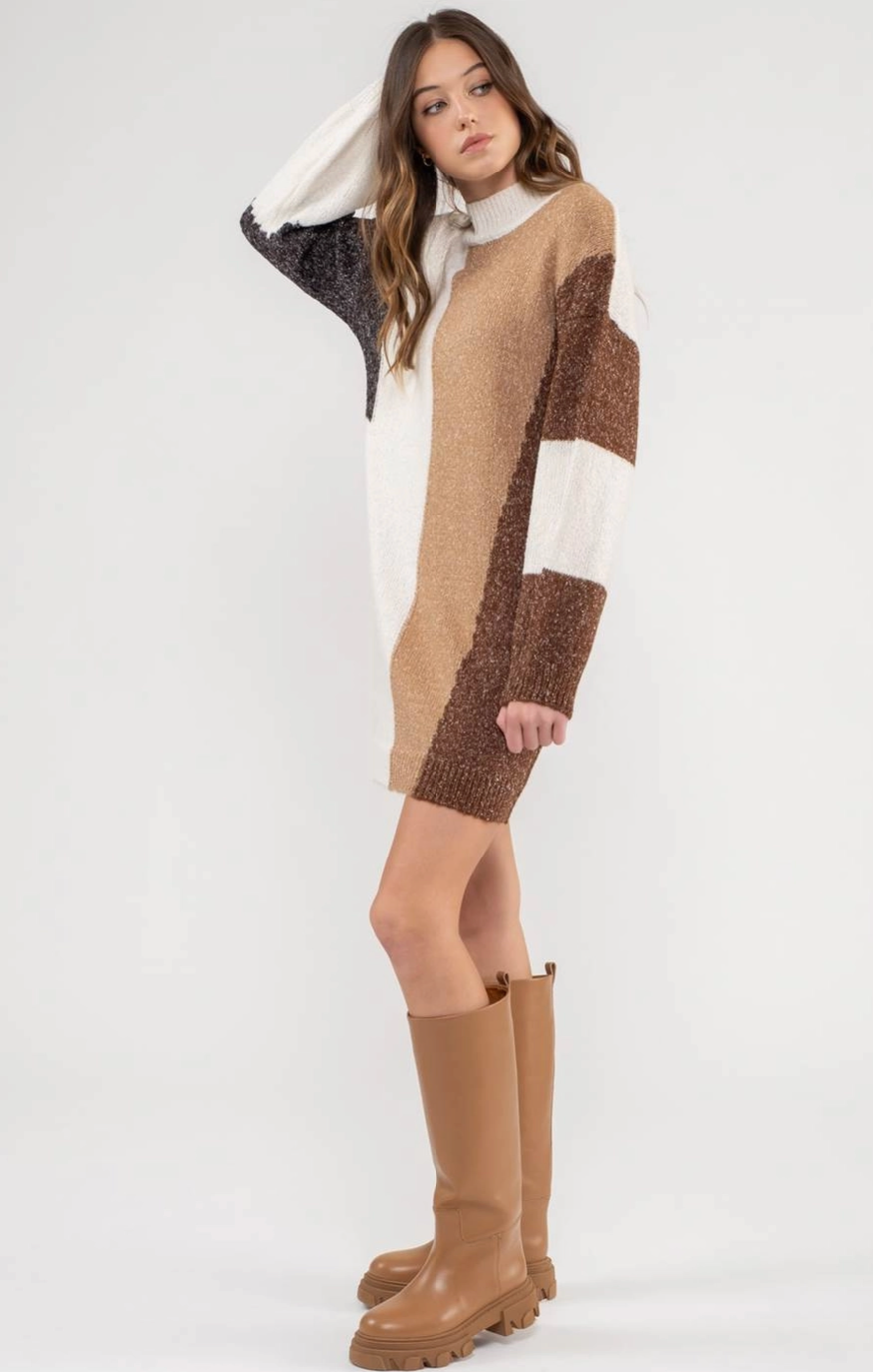 Mock Neck Colorblock Knit Sweater Dress