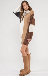 Mock Neck Colorblock Knit Sweater Dress