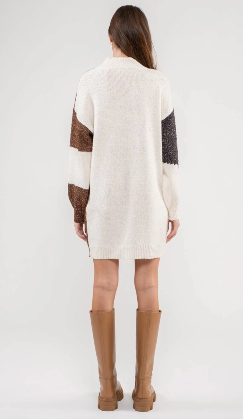 Mock Neck Colorblock Knit Sweater Dress
