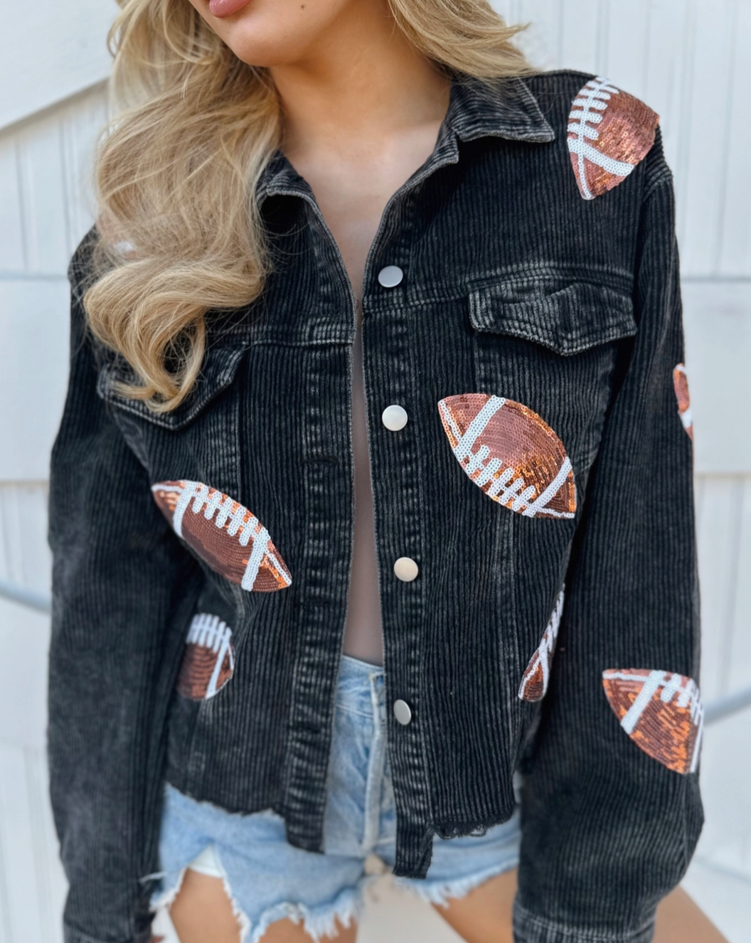 Black Corduroy Sequin Football Cropped Jacket
