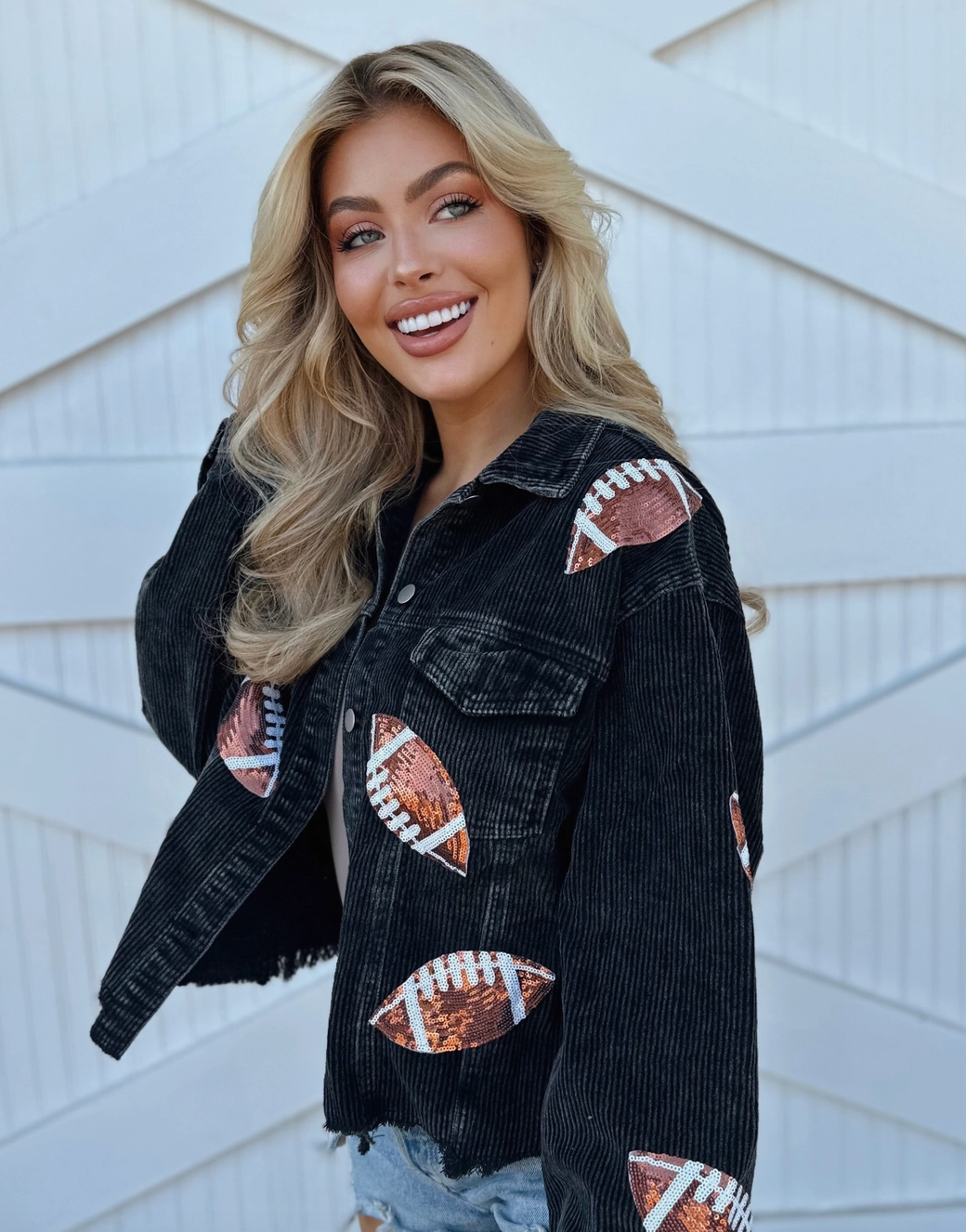 Black Corduroy Sequin Football Cropped Jacket