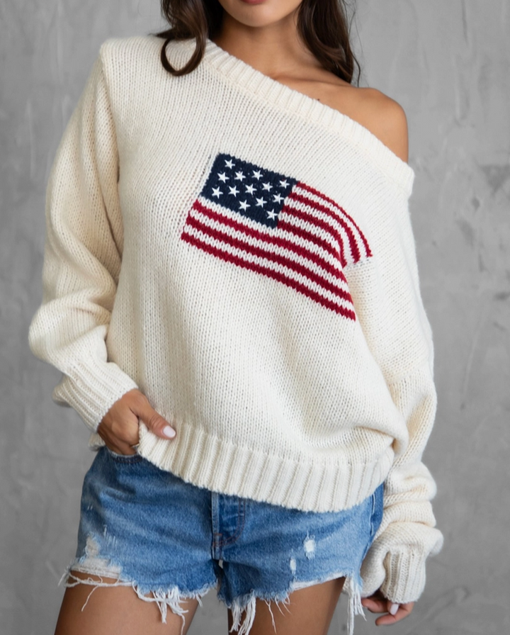 Brandi Preppy American Flag Knit Off the Shoulder Sweater