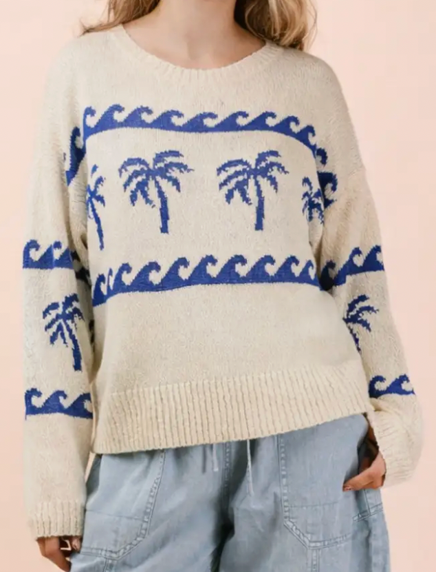 Palm Tree Wave Graphic Summer Knit Sweater Top