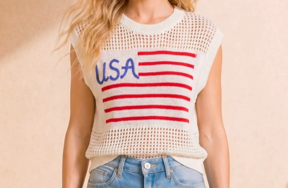 4th of July USA Stripe Open Knit Sweater Top