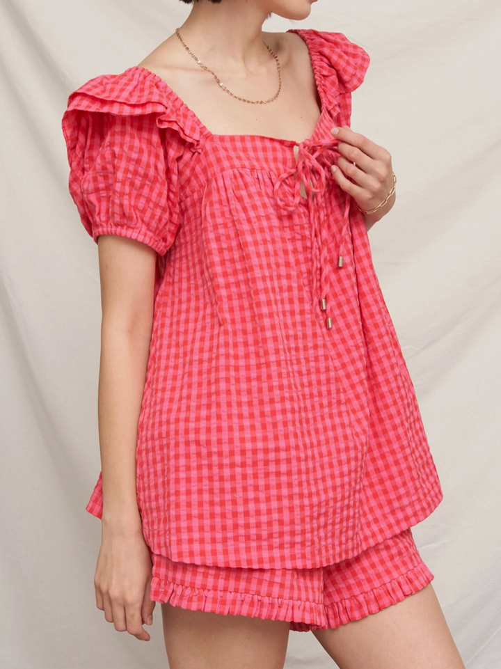Ruffle Sleeve Square Neck Plaid Top
