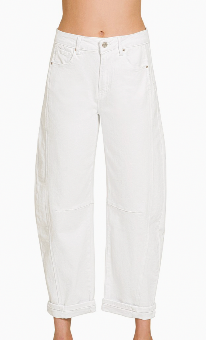 High Rise Barrel-Leg Cropped Color Denim Pants