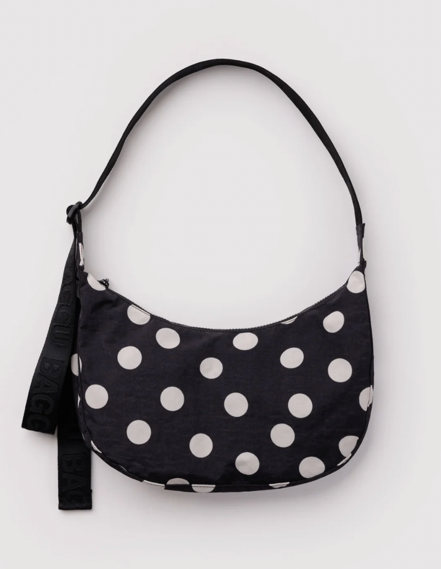 Black and Cream Polka Dot Medium Nylon Crescent Bag - Baggu