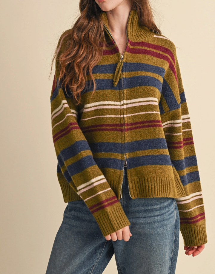 Striped Mock Neck Zip Up Cardigan