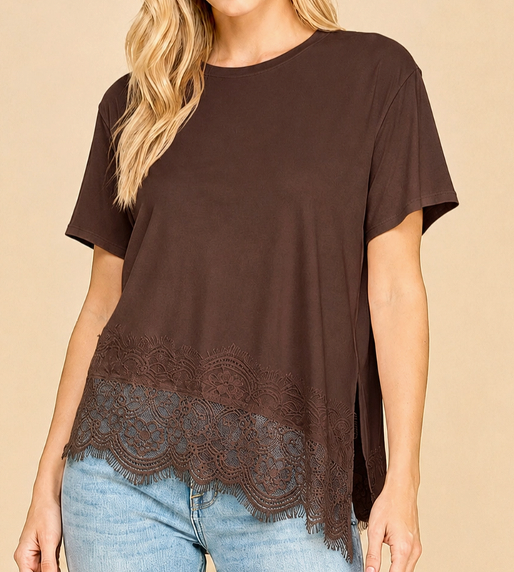 Brown Asymmetrical Lace Trim Top