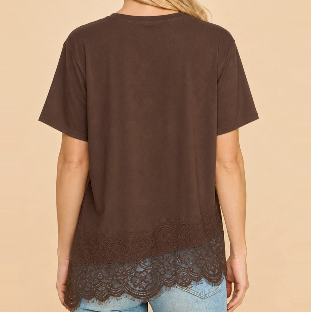 Brown Asymmetrical Lace Trim Top