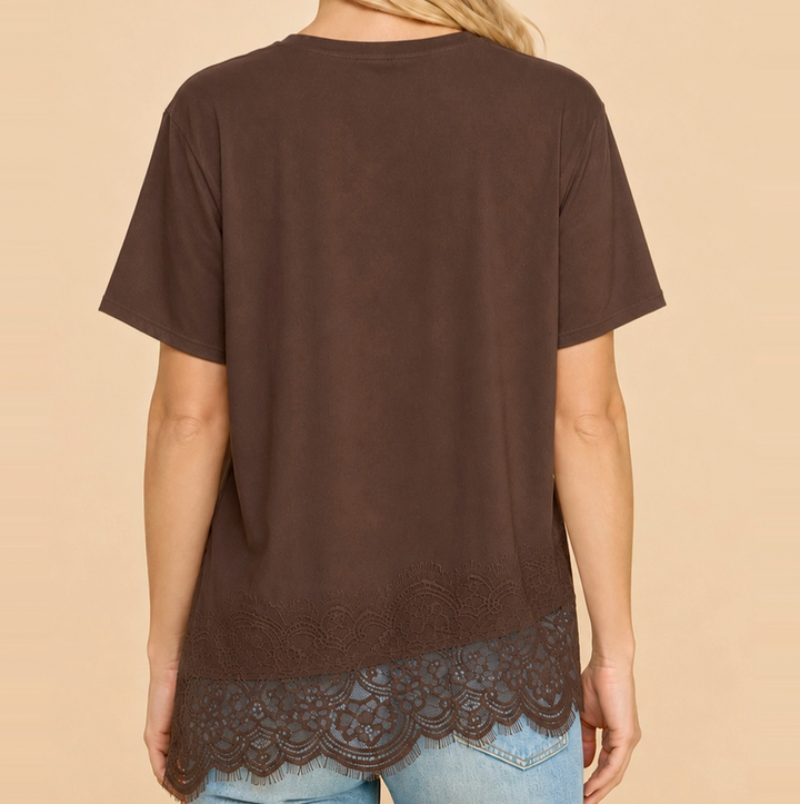 Brown Asymmetrical Lace Trim Top