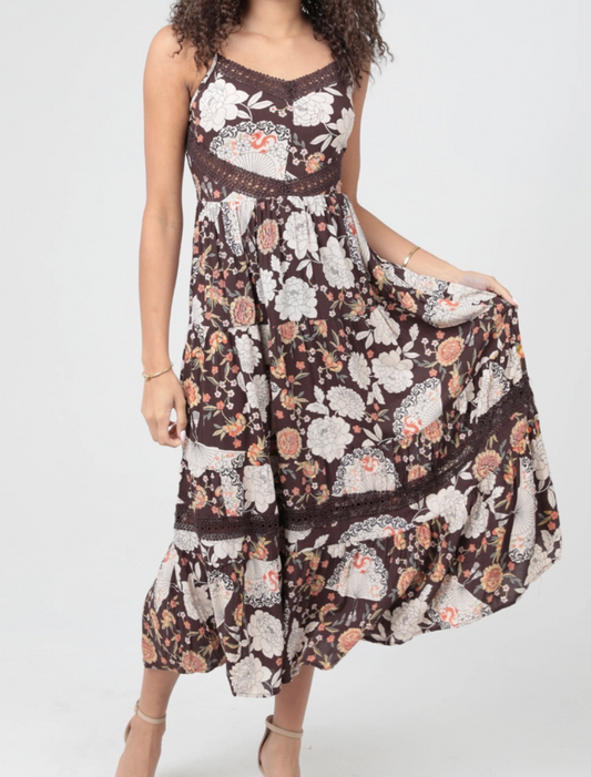 Crochet Lace Inserts Printed Maxi Dress