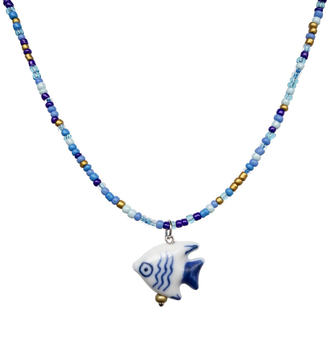 Beaded Blue & White Fish Necklace