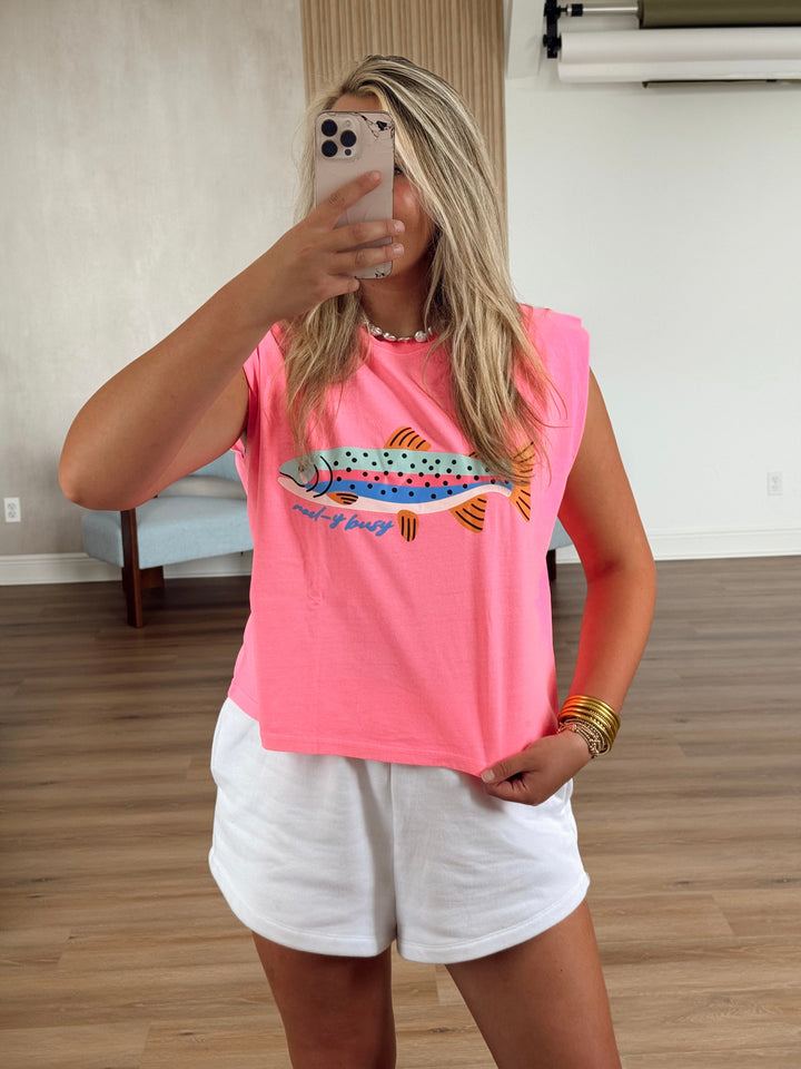 Reel-y Busy Rainbow Trout Pink Muscle Tee