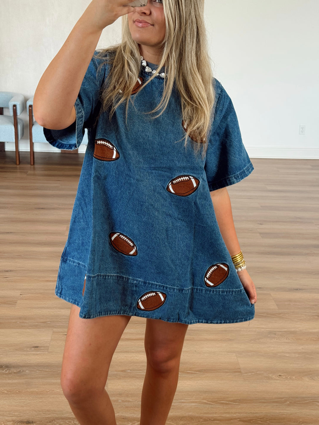 Football Patches Detail Rib Neck Banded Denim Dress