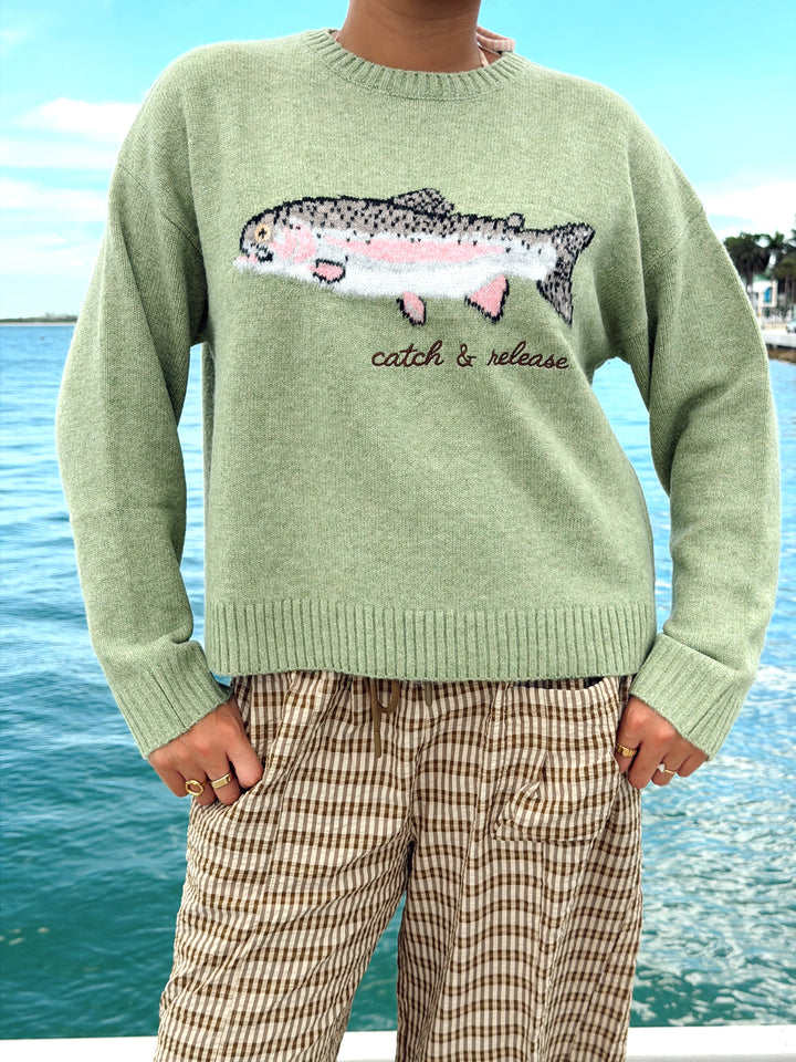 Green Fish Sweater with "Catch & Release" Embroidery
