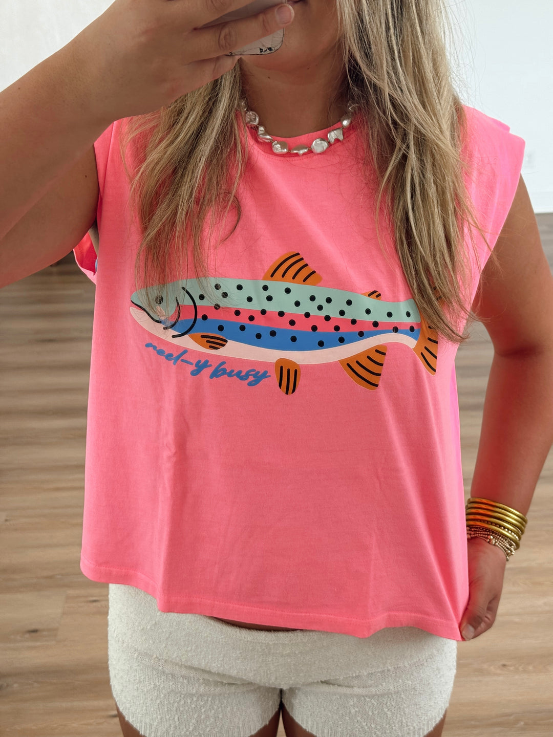 Reel-y Busy Rainbow Trout Pink Muscle Tee