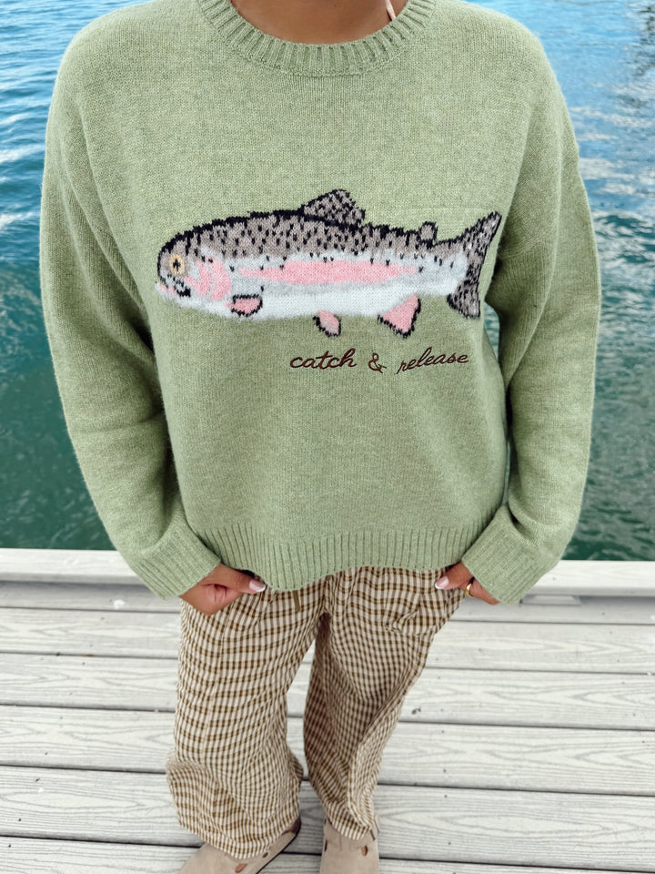 Green Fish Sweater with "Catch & Release" Embroidery