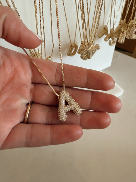 Initial Pave Rhinestone Bubble Balloon Necklace