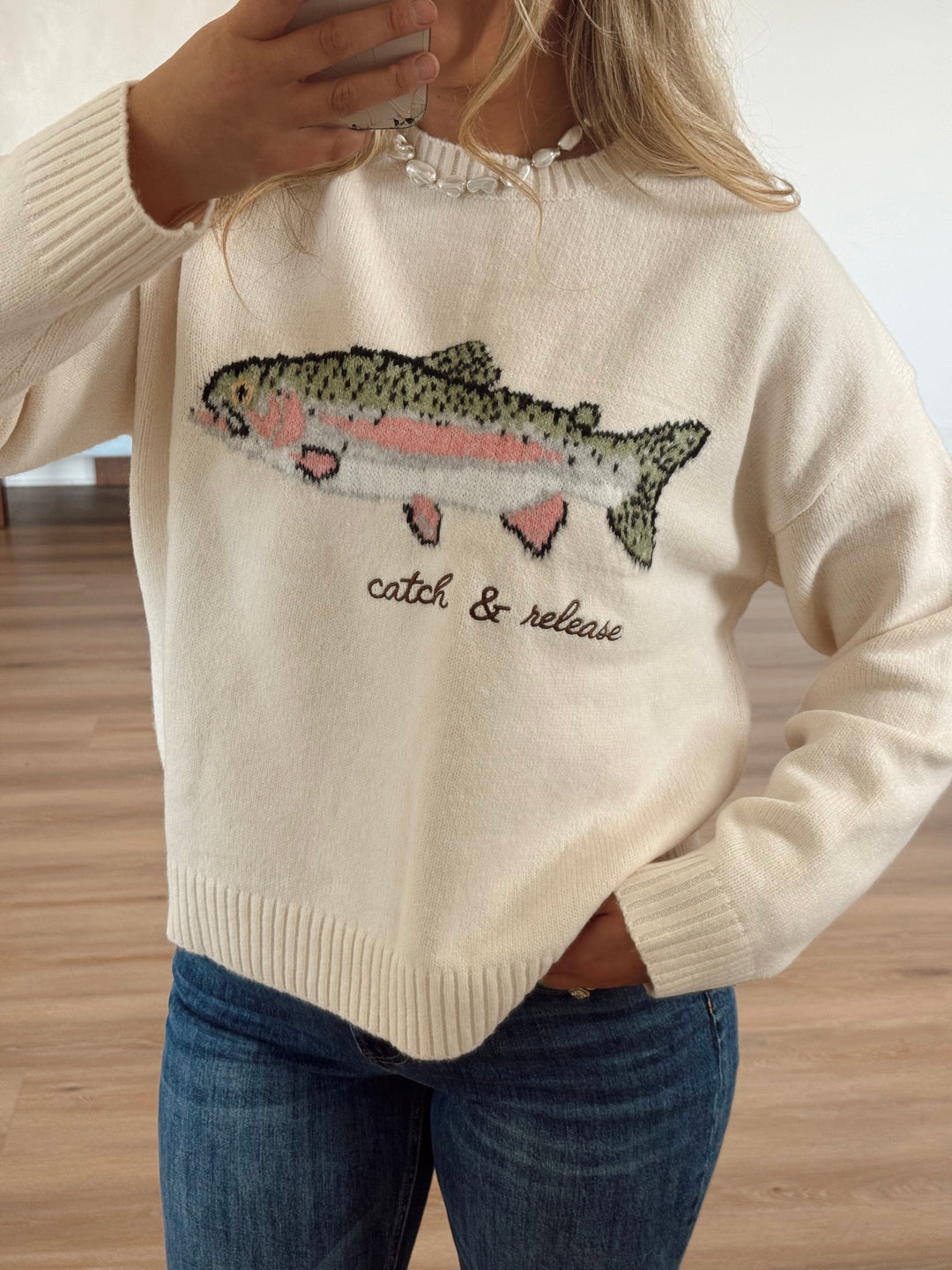 Fish Sweater with "Catch & Release" Embroidery