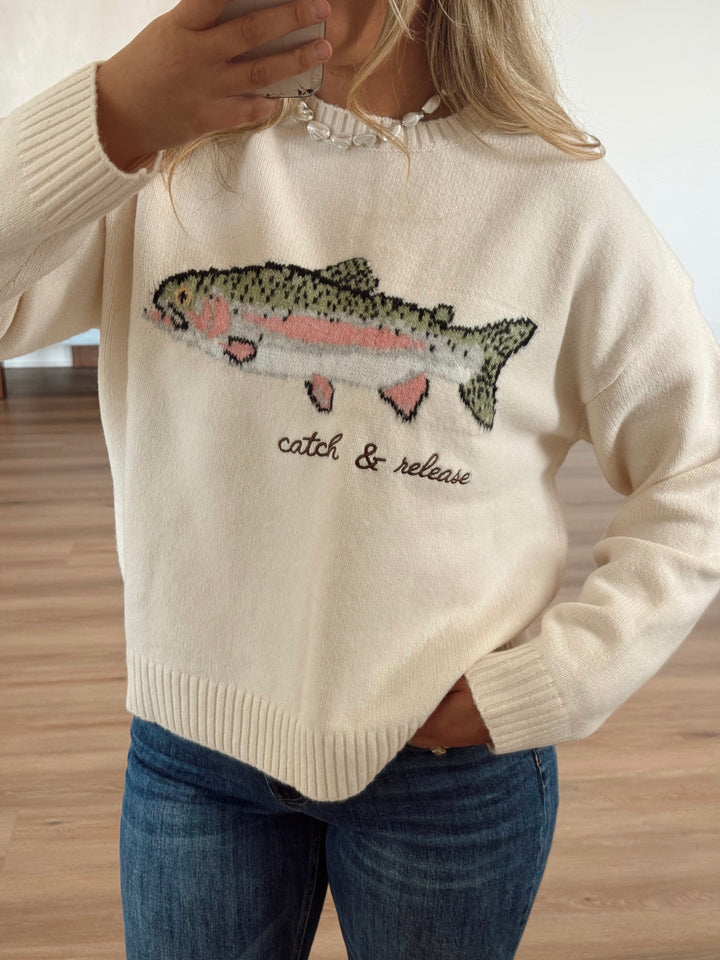 Fish Sweater with "Catch & Release" Embroidery