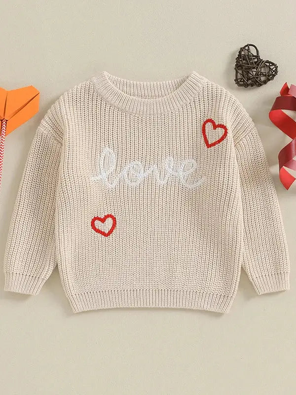 Baby Valentine's Day ''love'' Heart Embroidery Pullover Sweater - Cream