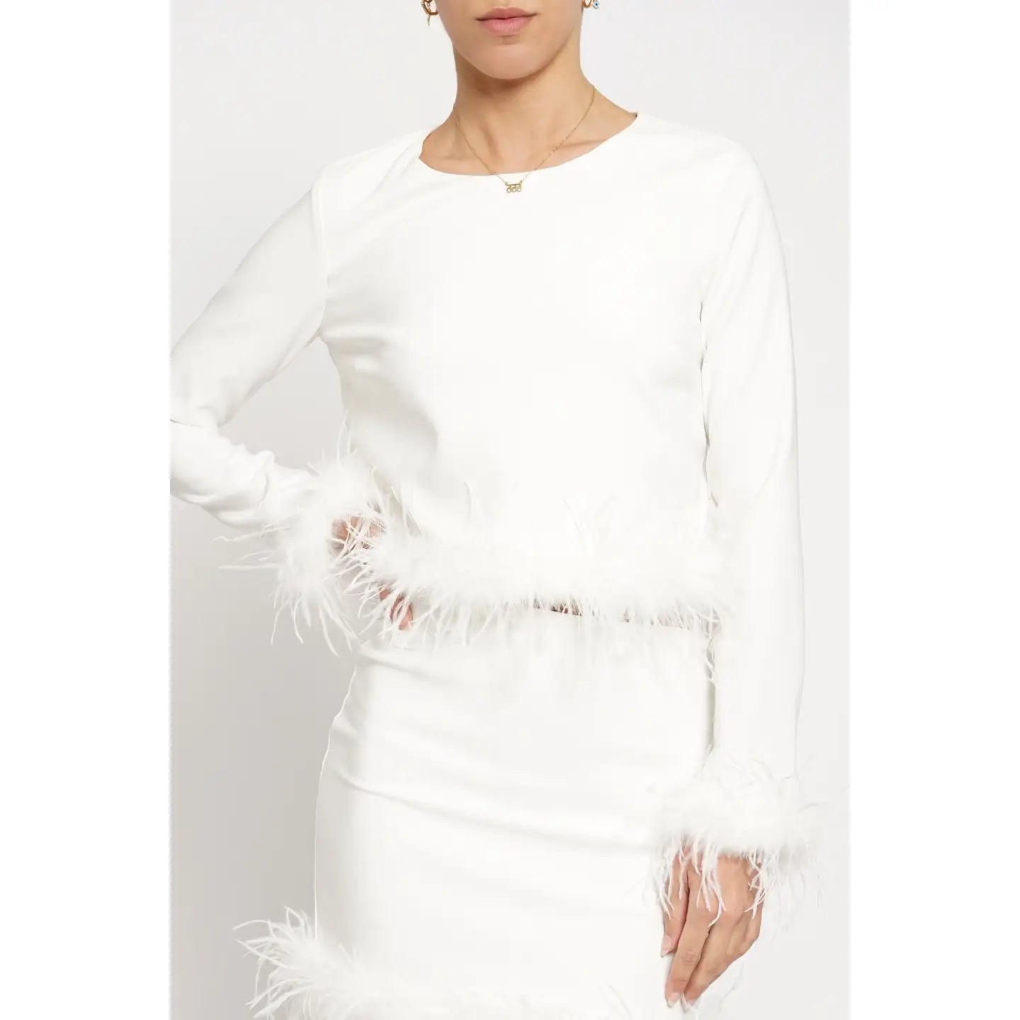 Feather Trim Long Sleeve Top