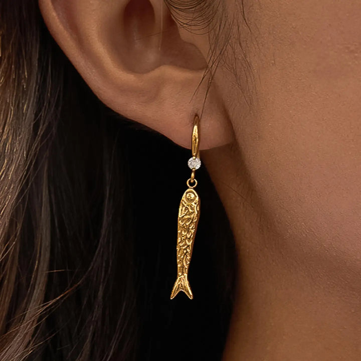 Calypsa 18K Gold Non-Tarnish Fish Charm Drop Earrings