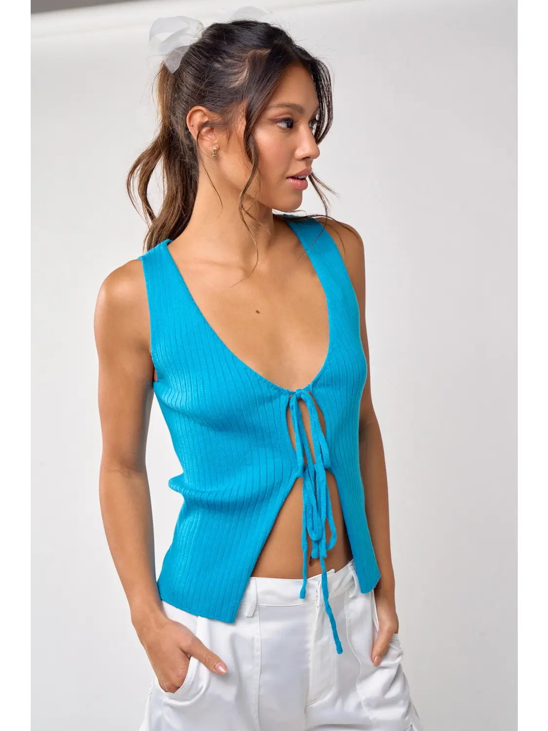Caribbean Blue Front Tie Sleeveless Ribbed Top