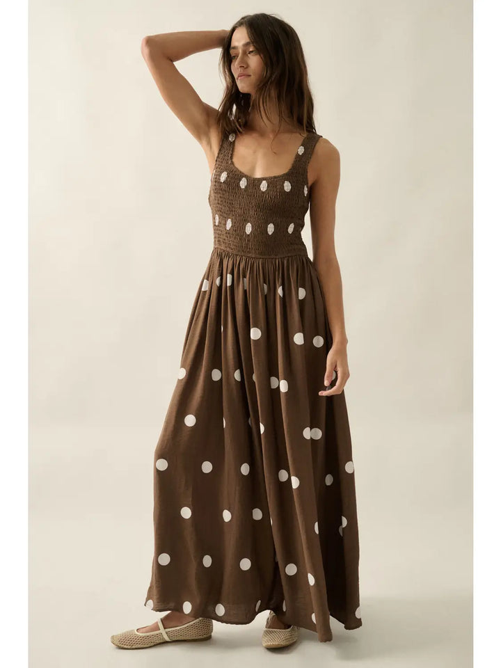 Polka Dot-Print Smocked Sleeveless Pocket Maxi Dress